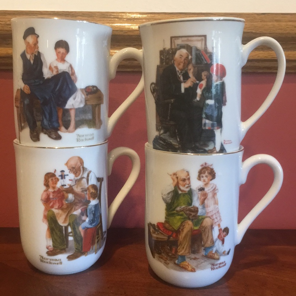 Set of 4 Vintage Norman Rockwell Museum Gold Trim Ceramic Coffee Cups Mugs